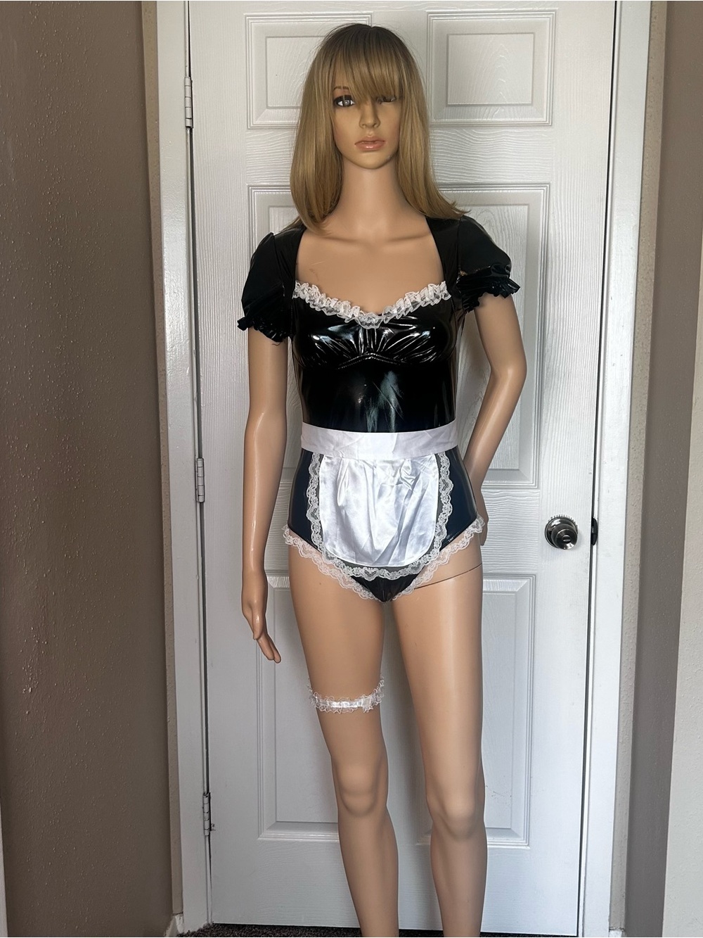 Wet-Look, Vinyl Black & White French Maid Bodysuit Costume Size Small